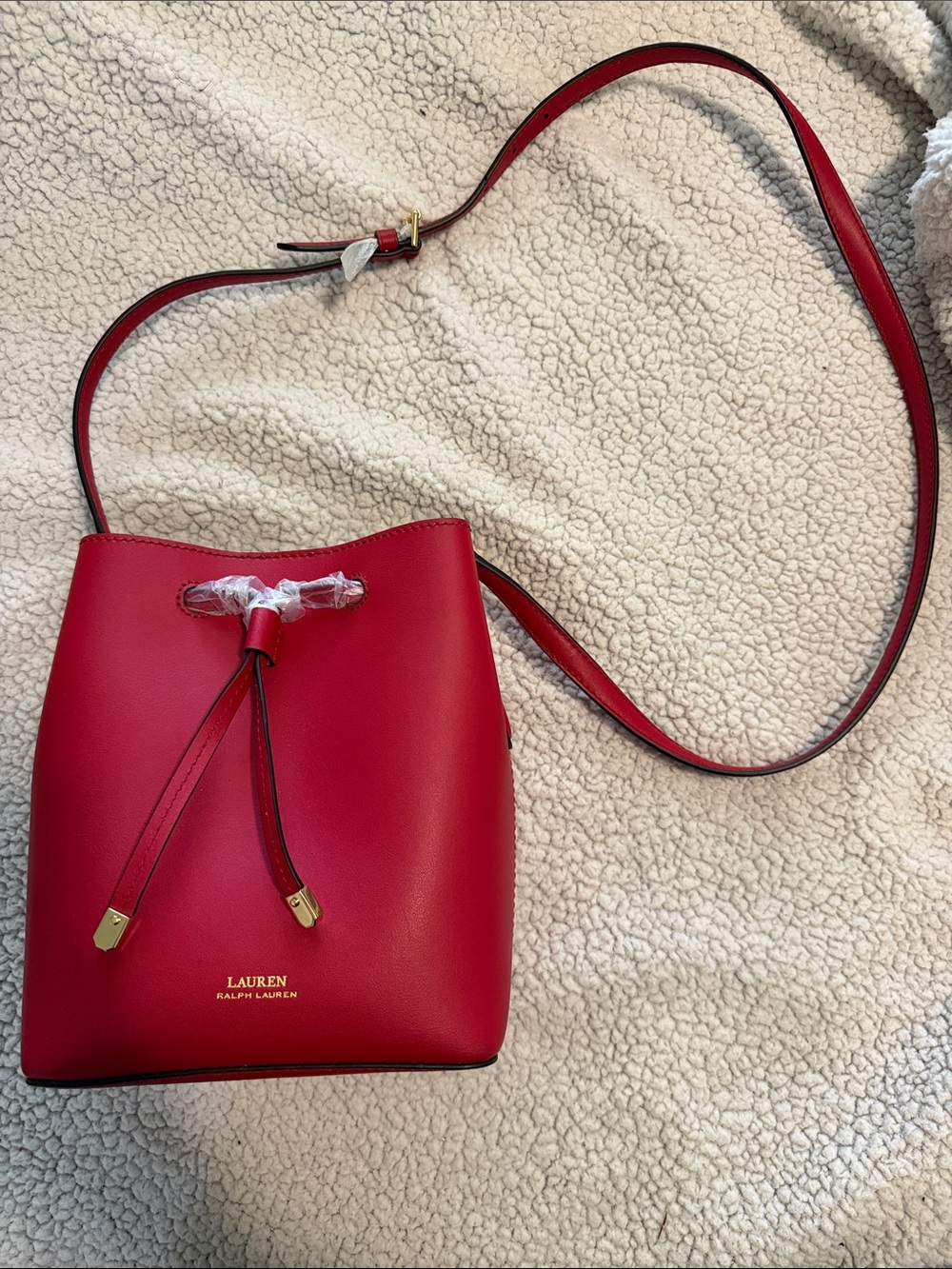 Lauren Ralph Lauren Red Leather Bucket Drawstring Crossbody